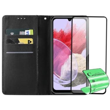 Imagem de Capa Carteira Flip Case para Samsung Galaxy M34 com Película Protetora Cerâmica Premium, Suporte Ajustável, Cobertura total da tela, Preto