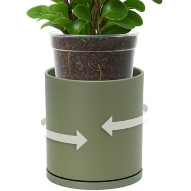 Imagem de D'vine Dev Conjunto de plantador de camada dupla – Cachepot de plástico rotativo com forro interno transparente para a saúde das raízes, perfeito para plantas de interior, 16,5 cm, oliva, 73-U-C-2