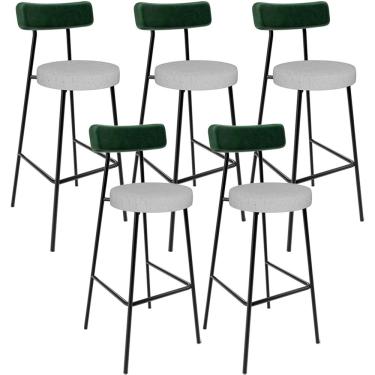 Imagem de Kit 05 Banquetas Alta Cozinha Bar Sala De Jantar Milão L02 Facto Verde Musgo Linho Cinza - Lyam Decor