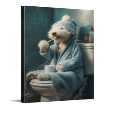Imagem de CYFDYVT Retrato de rotina matinal de cachorro engraçado caprichoso em roupão de banho com escova de dentes impressão de arte de parede para decoração de banheiro ilustração em tela 20 x 25 cm