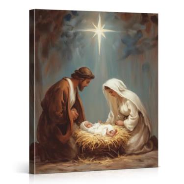 Imagem de Impressão de arte de parede de Natal de Natal vintage Jesus Cristão Sagrada Família Imagem Decoração de parede de Natal para casa fazenda sala de estar 20 x 25 tela emoldurada