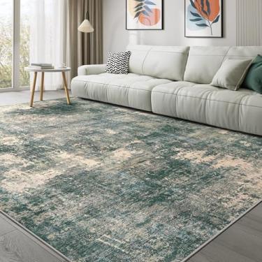 Imagem de TARANCH Tapete lavável 22 x 30 cm para sala de estar: tapete macio neutro abstrato moderno para quarto sala de jantar embaixo da mesa da cozinha, decoração de escritório em casa - verde escuro/bege