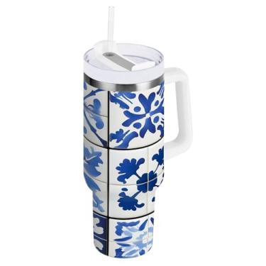 Imagem de STAYTOP Copo de cerâmica mexicano azul de 850 g com tampa e palha, copo isolado de aço inoxidável durável à prova de vazamento com alça, garrafas de água à prova de derramamento para viagens