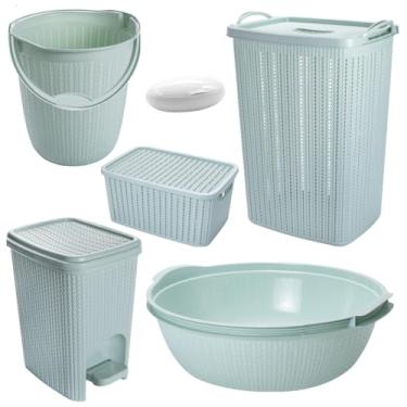 Imagem de Kit 6 Peças Cesto de roupas Bebê Trama Plasútil Bacia Balde Lixeira saboneteira infantil (Verde)