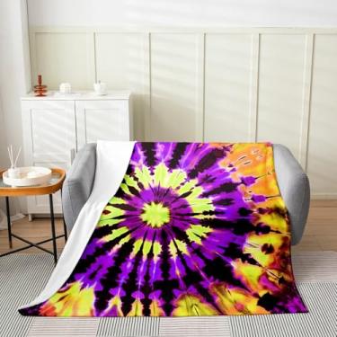 Imagem de Cobertor de flanela tie-dye, cobertor geométrico vórtice espiral patchwork, grafite hippie boho arte aconchegante mantas para cama sofá sofá, roxo amarelo macio e respirável, tamanho solteiro (152 x