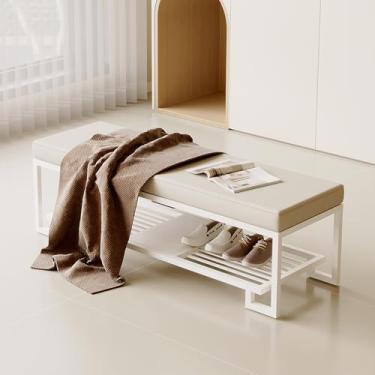 Imagem de uhyOHF Banco de cabeceira com prateleira, banco estofado de linho para sapatos, banco de sapateira com pernas de metal, para quarto/entrada/sala de estar/corredor (branco-80 * 33 * 38 cm/31 * 13 * 15