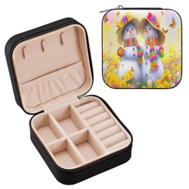 Imagem de Wassud Bonito estojo de joias de viagem de bonecos de neve para mulheres, meninas, senhoras, noiva, mini organizador de joias de couro PU, caixa quadrada de armazenamento de joias para brincos, anéis
