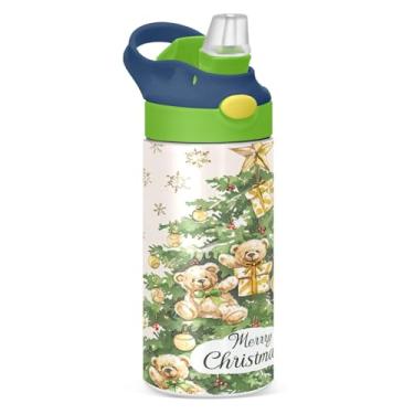 Imagem de YETTASBIN Garrafa de água de árvore de Natal para crianças, 340 g, à prova de vazamento, parede dupla, isolada, copo de viagem com tampa de canudo para meninas, meninos e crianças