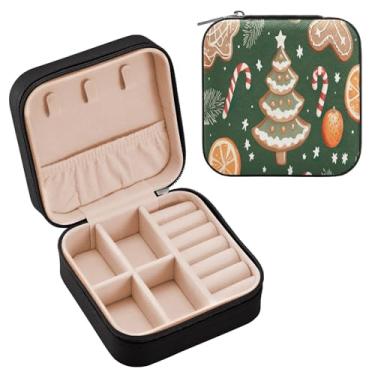 Imagem de Wassud Caixa de joias de viagem de árvore de Natal de gengibre para mulheres, meninas, senhoras, noiva, mini organizador de joias de couro PU, caixa quadrada de armazenamento de joias para brincos