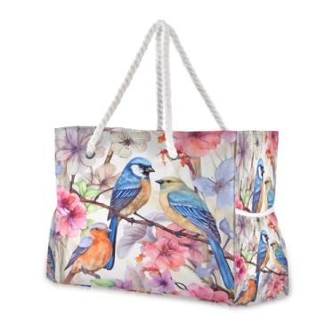Imagem de Wassud Bolsa de praia grande para mulheres, pássaros, ramo florido, impermeável, à prova de areia, bolsa de viagem com zíper e bolso para piscina, academia, acampamento