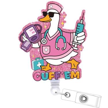 Imagem de Carretel de crachá retrátil de ganso engraçado – Porta-crachá cosmisun Cuff 'Em com clipe jacaré, porta-cartões de identificação, presente de ganso para estudantes de enfermagem RN LPN CNA MA