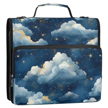 Imagem de CEBUGI Fichário de 3 anéis com zíper com alça de ombro, pasta de arquivo expansível de 3,8 cm, anéis D, para escola, escritório, nuvens e estrelas