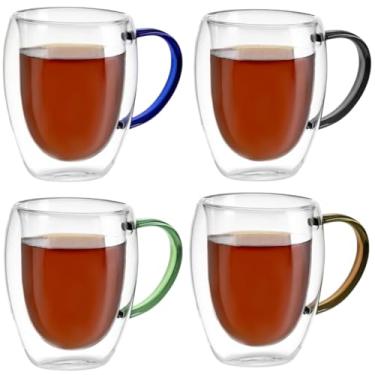 Imagem de Kit Conjunto 4 Xícaras de Vidro Borossilicato Parede Dupla 350ml Transparente com Alça Colorida - Azul, Preta, Marrom e Verde