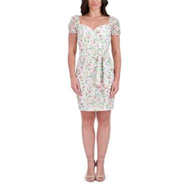 Imagem de Kensie Vestido feminino de manga curta acima do joelho com decote coração, Branco multi, 46