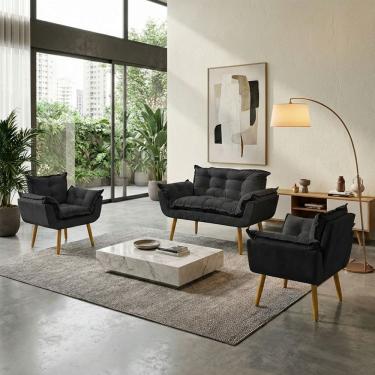 Imagem de Kit Namoradeira Decorativa E 2 Poltronas Confortável Para Sala Recepção Manicure Consultório Escritório Alice Tecido Suede