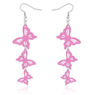 Imagem de Mintolex Brincos femininos pendentes de borboleta triplos de acrílico com ganchos de aço inoxidável fofos joias de insetos de primavera, Acrílico, Sem pedra preciosa