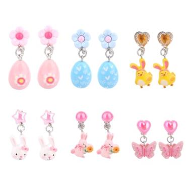 Imagem de 6 Pares Brincos de Pressão para Meninas, Resina Brincos Infantis Coelho e Ovo de Páscoa Não Indicado Furos na Orelha Acessórios Joias Princesa Fofos para Meninas e Mulheres