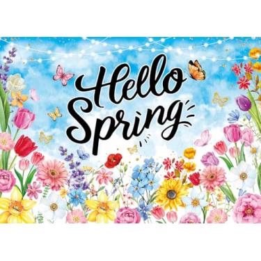 Imagem de Hello Spring Pano de fundo borboleta flores primavera fotografia fundo Páscoa pano de fundo para fotos crianças aniversário chá de bebê decoração banner (18 x 1,5 m: 213,4 x 152,4 cm)