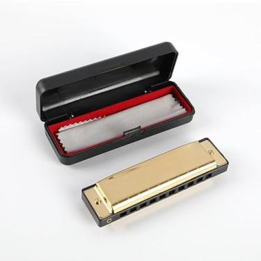 Imagem de Gaita de 10 furos com caixa de presente, instrumento musical de órgão com boca em C Key Blues para iniciantes, profissionais, adolescentes e adultos - ouro