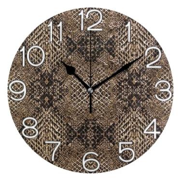 Imagem de GAIGEO Relógio de parede analógico decorativo estético silencioso sem tique-taque relógio de sala de aula, sala de estar, decoração de parede moderna, textura de pele de cobra marrom preto, 25 cm