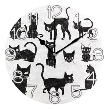 Imagem de GAIGEO Relógio de parede analógico decorativo operado por bateria relógio de cozinha fofo, arte de parede boho, decoração de casa, gato preto fofo, gatinho, 25 cm, ponteiros dourados