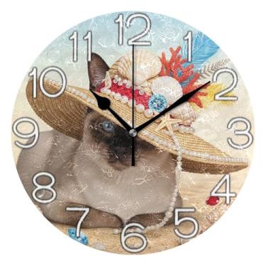 Imagem de GAIGEO Relógio de parede analógico decorativo escritório cozinha relógio redondo sem tique-taque silencioso, decoração de parede retrô moderna art deco, gato siamês, praia, mar, conchas, 25 cm
