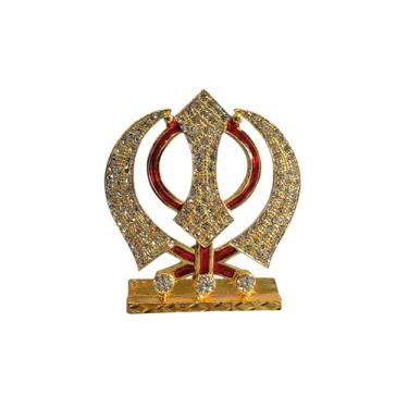 Imagem de Suporte de símbolo religioso Sikh Ek Onkar banhado a ouro com enfeites de strass, 7,6 cm, decoração de painel de carro, estilo moderno, acabamento transparente