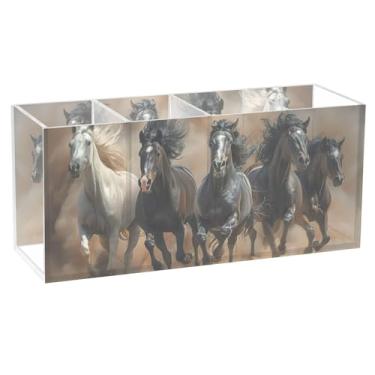 Imagem de TSENQUE Porta-canetas de mesa decorativo personalizado em acrílico para escritório com estampa de cavalos selvagens, 20 cm x 6,3 cm x 9 cm
