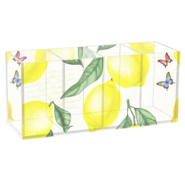 Imagem de TSENQUE Porta-lápis de mesa de acrílico personalizado com limões amarelos e borboletas fofas artísticas para artesanato, canetas, lápis, papelaria, decoração de escritório