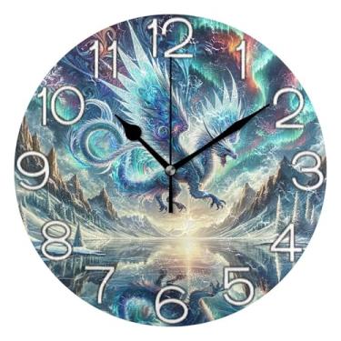 Imagem de GAIGEO Relógio de parede analógico decorativo com desenho de dragão de gelo de desenho animado relógio de cozinha redondo sem tique-taque silencioso, arte de decoração moderna de meados do século, 25