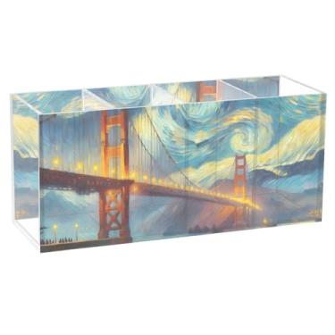 Imagem de TSENQUE Porta-canetas divertido personalizado para mesa Golden Gate Bridge Starry Night Art Caddy Suporte de pincel de maquiagem acrílico copo de lápis