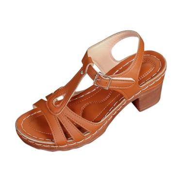 Imagem de Sandália feminina primavera verão fivela oca boca peixe tira plataforma com salto grosso casual moderno calçado, Marrom, 39