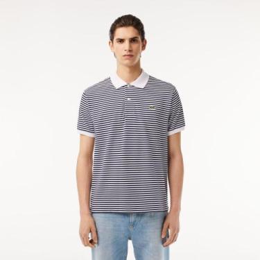 Imagem de Polo Lacoste Clássica L.12.12 Petit Piqué Listrada, Branco, Azul marin