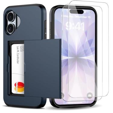 Imagem de Benbenjaytek Capa carteira para iPhone 17 com suporte para cartão + 2 protetores de tela de vidro temperado à prova de choque com compartimento oculto para cartão, capa fina feminina e masculina para