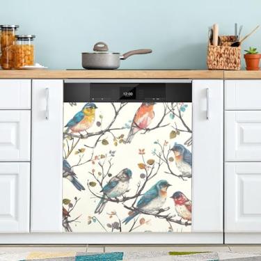 Imagem de xigua Pássaros coloridos em galhos capa magnética para lava-louças, adesivos magnéticos decorativos antiarranhões para painel de geladeira e lava-louças, decoração personalizada de cozinha doméstica