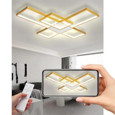 Imagem de Luminária de teto LED retangular moderna com controle remoto, cúpula de acrílico e design em alumínio para sala de estar e quarto (dourada, 5 braços).