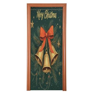 Imagem de SEHANY Capa de porta de sinos de guirlanda de Natal, decoração externa, tecido de alta elasticidade, capa de porta de Natal, faixa de Natal, capa de porta para porta da frente, festa festiva