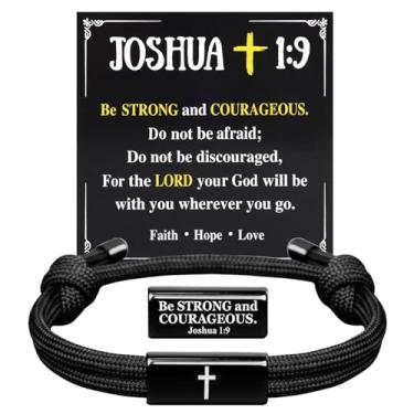 Imagem de Vichona Pulseira masculina com corda ajustável Joshua 1:9, pulseira cristã, presente para adolescentes, presente de aniversário de batismo de Páscoa para ele, filho, marido, amigos, Natal, meias
