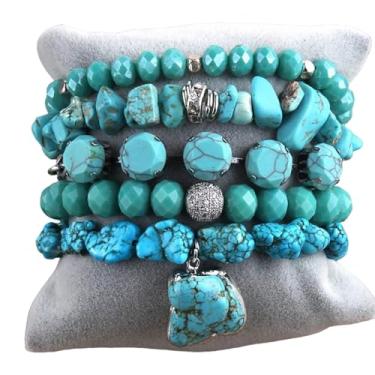 Imagem de ZOSOJONA Pulseiras femininas Boho com contas, 5 peças, contas de ágata turquesa, conjunto de pulseiras elásticas com pedra natural e cristal, pulseiras empilháveis da amizade, joias presentes para