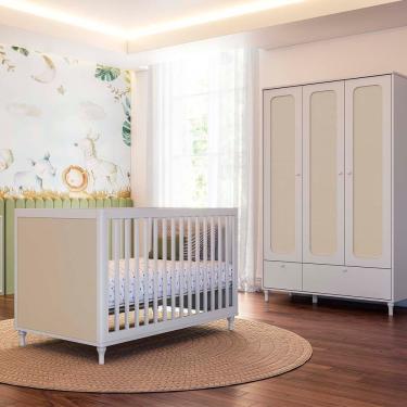 Imagem de Kit Quarto Infantil Rattan - Berço Americano + Cômoda 6 Gavetas + Guarda-Roupa Rattan com 3 Portas e 2 Gavetas - Branco Fosco