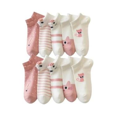 Imagem de Meias Curtas Femininas Rosa Com Estampa De Gato, 5/10/20 Pares, Finas,