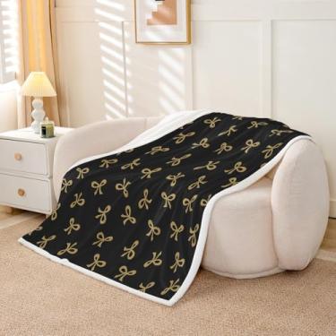 Imagem de Feelyou Cobertor de lã com laço preto dourado fofo Kawaii sherpa cobertor para crianças mulheres homens pelúcia fita felpuda laço laço 127 x 152 cm princesa laço feminino para cama, sofá, cadeira