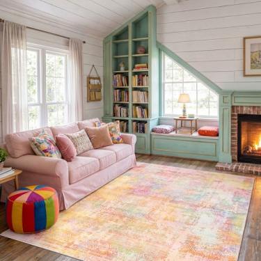 Imagem de Kokia Tapetes abstratos laváveis para ambientes internos 15 x 23 cm, boho, envelhecido, retrô, pilha baixa, antiderrapante, rosa, laranja, quarto, sala de estar, sala de jantar, nascer do sol de Oslo