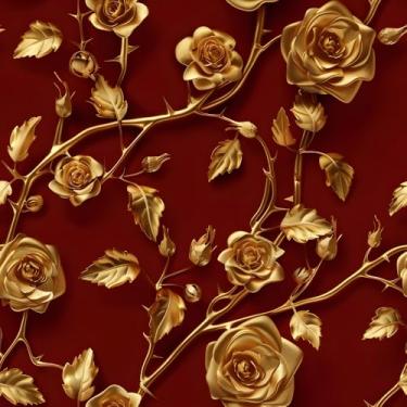 Imagem de COKCOKR Papel de parede rosa 3D dourado 45 cm x 300 cm papel de parede de papel de parede com fundo vermelho profundo papel de parede estético retrô papel de contato para cozinha, corredor, sala de