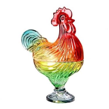 Imagem de Falytemow Prato de doces em forma de galo de cristal de vidro, tigela de frutas com design criativo de frango com tampa para decoração de mesa, prato de lanche de sobremesa para casa, escritório