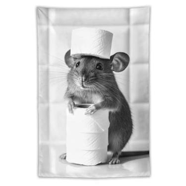 Imagem de Chapéu de papel higiênico com mouse tapeçaria de banheiro impressão artística preta branca para quarto sala de estar dormitório decoração de casa com design de animal de estimação pequeno fofo