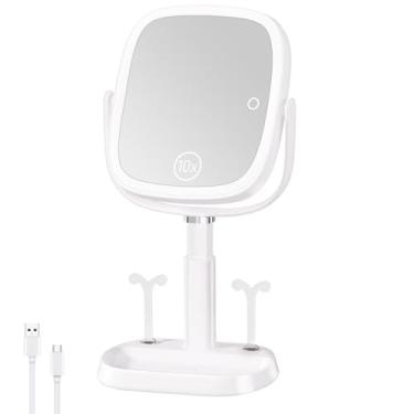 Imagem de FRANO Espelho de maquiagem retangular iluminado com 3 luzes coloridas, ampliação de 1x/10x, altura ajustável, rotação de 360°, recarregável de 4000 mAh para mesa, presentes para mulheres