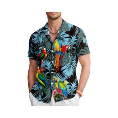 Imagem de Camisa Havaiana Masculina Com Estampa Vibrante De Papagaio E Flores, C