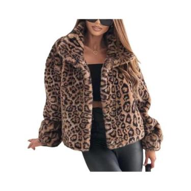 Imagem de Jaqueta Curta De Plush Com Estampa De Leopardo Para Mulheres, Com Botõ
