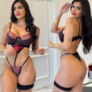 Imagem de Lingerie Body Tule Bordado Calcinha Fio Regulagem Sem Bojo Com Aro Sen
